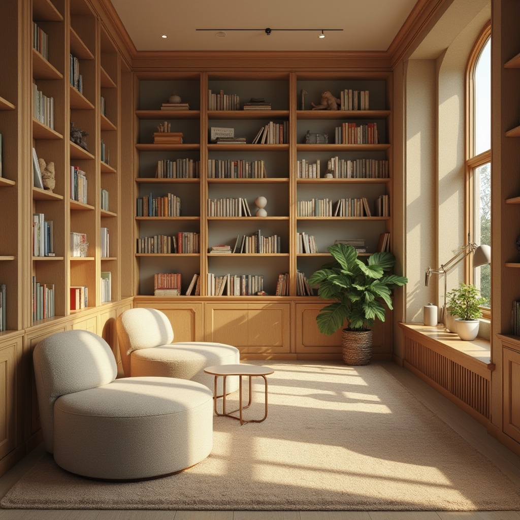 Prompt: Cozy library atmosphere, warm beige walls, rich wood accents, comfortable seating areas, soft cream-colored bookshelves, calm blue undertones, natural light pouring in, elegant reading lamps, minimalist decor, subtle texture contrasts, earthy tone carpets, soothing greenery, tranquil ambiance, warm golden lighting, 1/1 composition, intimate perspective, realistic renderings.