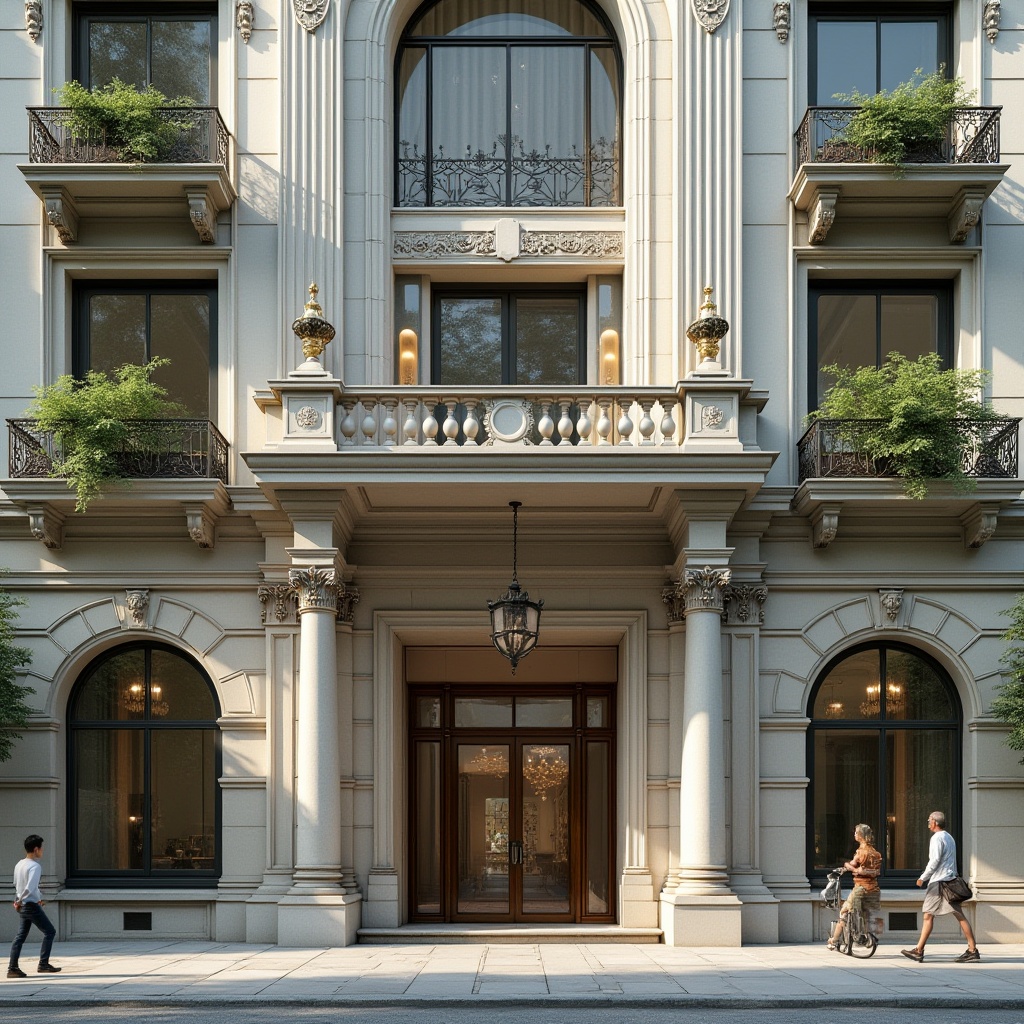 Prompt: Elegant building facade, ornate details, symmetrical composition, grand entrance, decorative columns, intricate stonework, modern materials, minimalist approach, neutral color palette, reflective glass surfaces, cantilevered balconies, lush green walls, urban cityscape, busy street life, natural daylight, soft warm lighting, shallow depth of field, 1/2 composition, realistic textures, ambient occlusion.