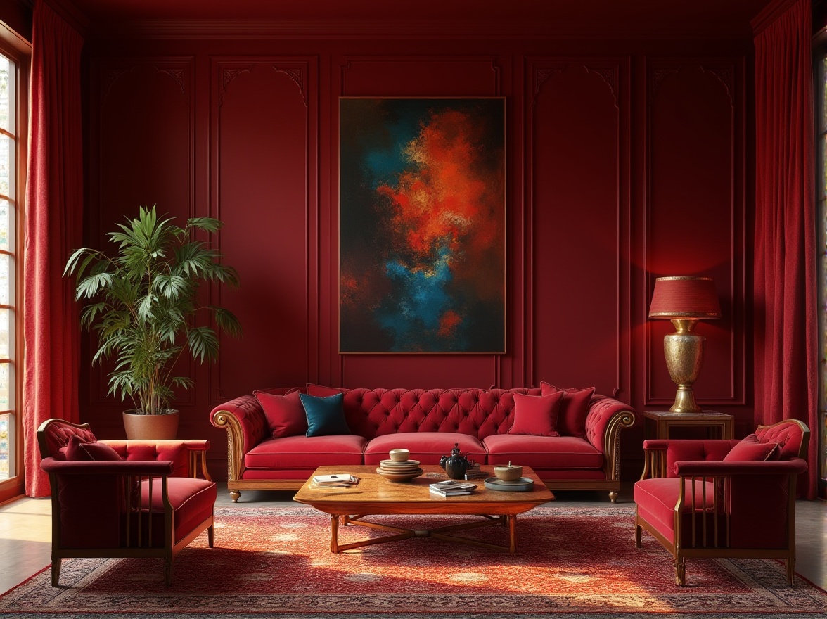 Prompt: Rich maroon walls, luxurious velvet drapes, warm golden lighting, ornate wooden furniture, plush crimson sofas, vibrant abstract artwork, lavish bronze accents, intricate patterned rugs, bold geometric shapes, dramatic shadows, 1/1 composition, soft focus effect, atmospheric misting.