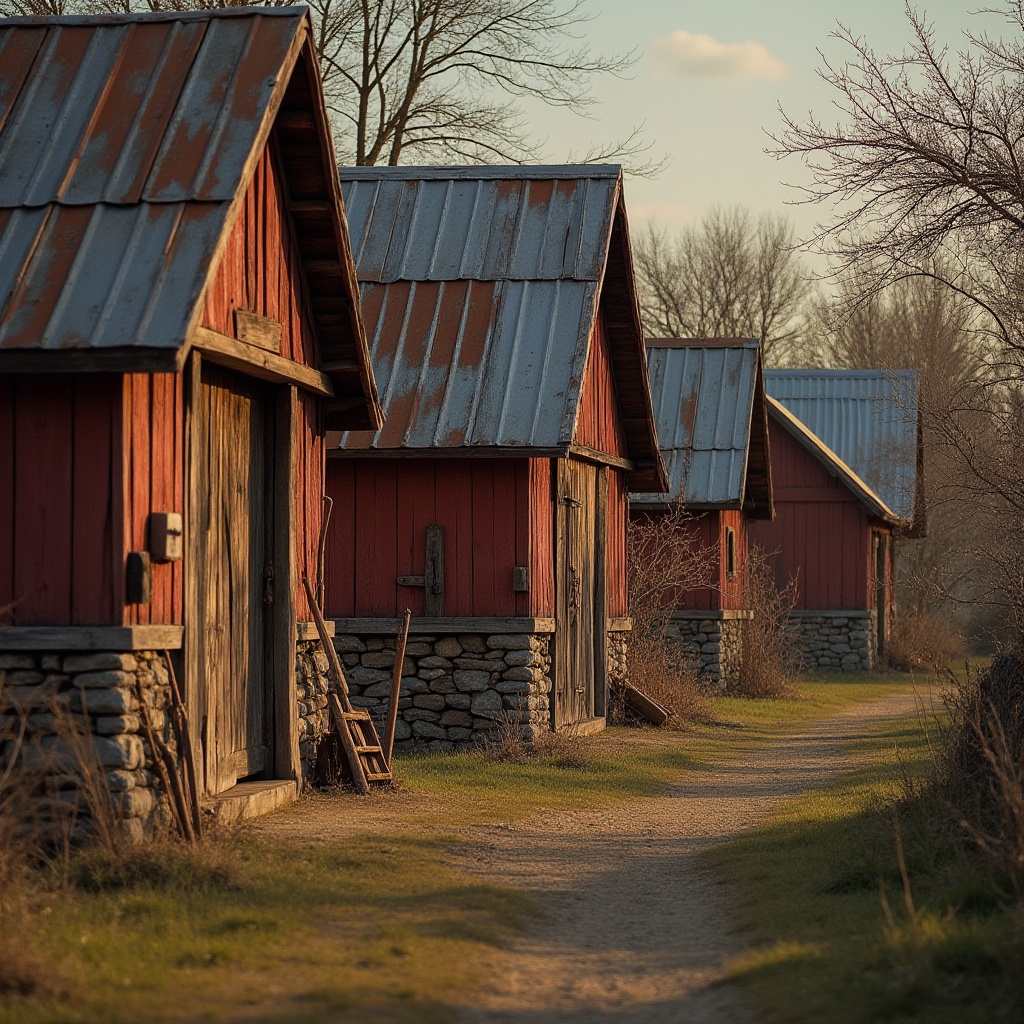 Prompt: Rustic barns, distressed wood textures, weathered metal roofs, vintage agricultural tools, earthy tones, natural stone foundations, wooden beams, exposed brick walls, rough-hewn wooden planks, corrugated iron cladding, faded red paint, worn wooden doors, overgrown vegetation, rural landscapes, warm golden lighting, soft focus, shallow depth of field, 1/2 composition, intimate atmosphere, realistic wear and tear, ambient occlusion.