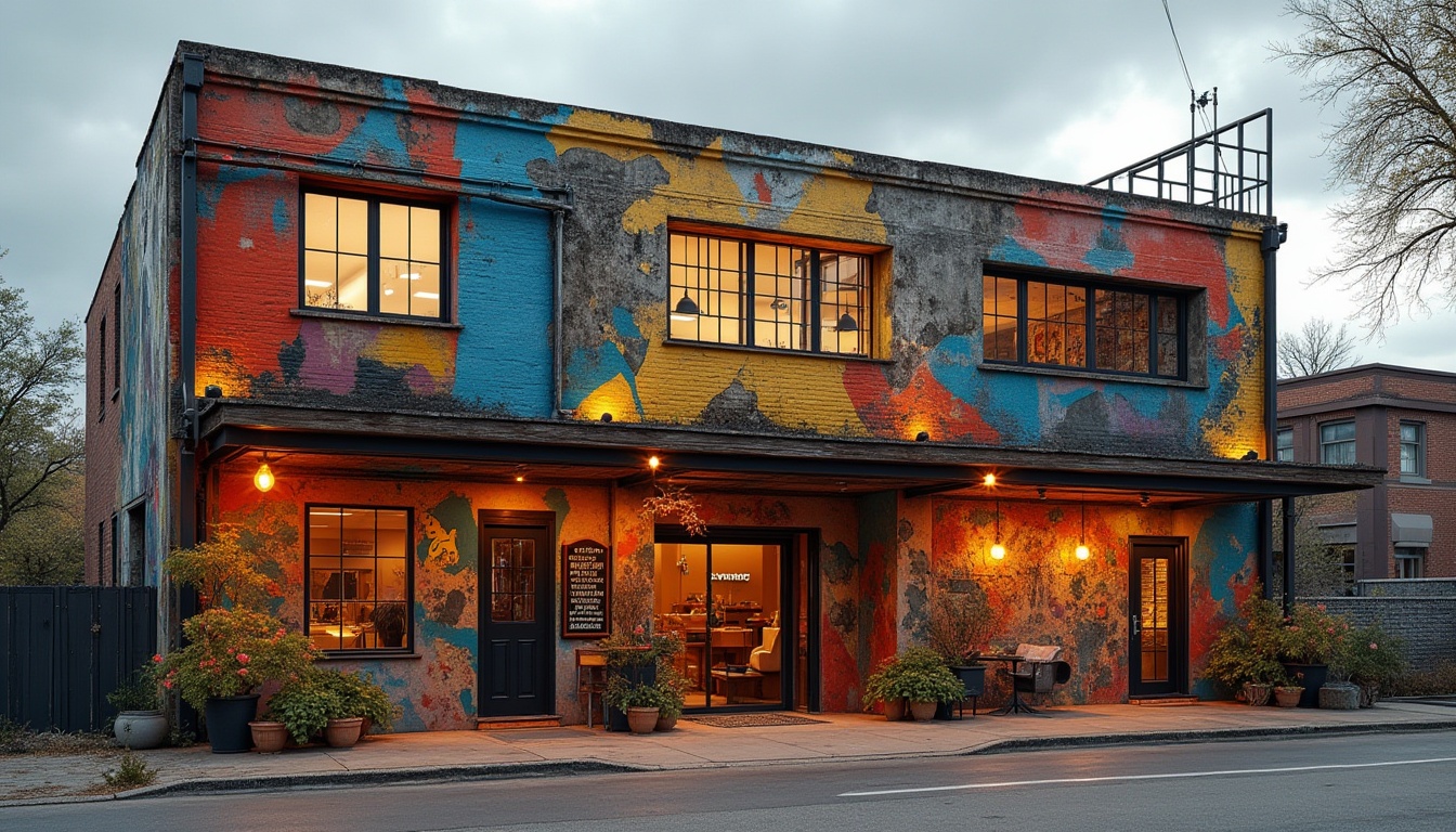 Prompt: Expressive workshop facade, bold angular lines, vibrant primary colors, textured industrial materials, exposed steel beams, reclaimed wood accents, eclectic art installations, abstract sculptures, playful murals, distressed finishes, urban cityscape backdrop, cloudy grey sky, soft warm lighting, 1/1 composition, dramatic shadows, ambient occlusion, high-contrast renderings.