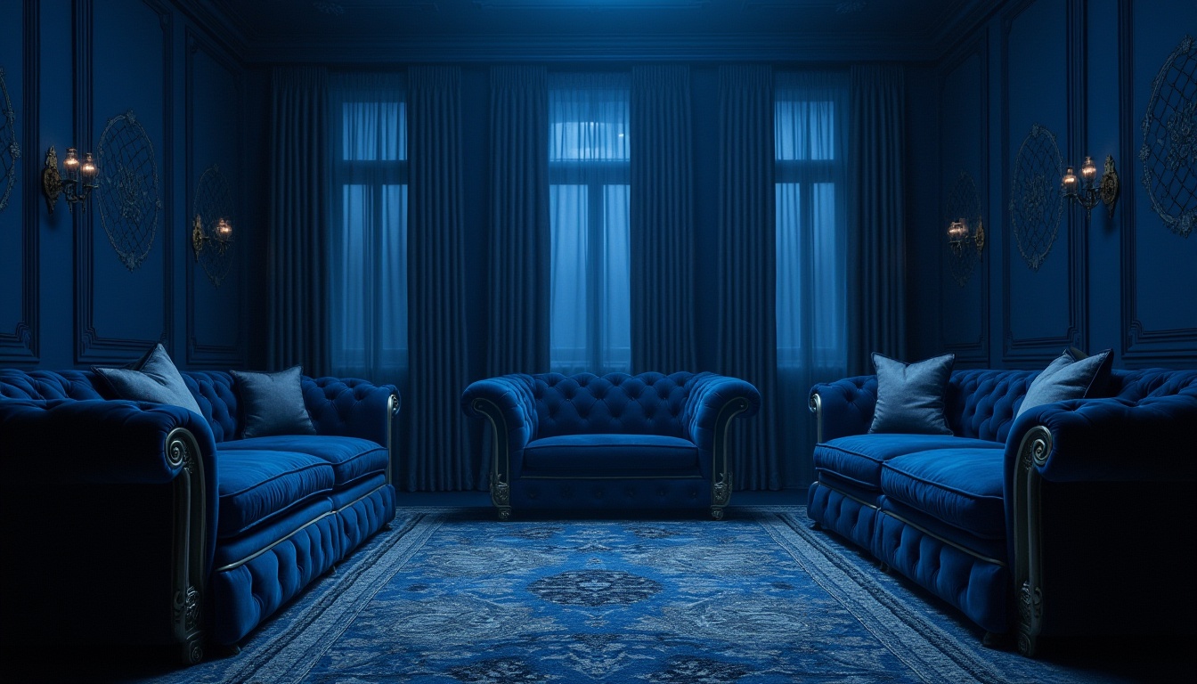 Prompt: Mysterious indigo tones, deep blue hues, rich velvet textures, luxurious furniture upholstery, dimly lit rooms, lavish curtains, ornate gold accents, mysterious ambiance, cinematic lighting, 1/1 composition, shallow depth of field, dramatic shadows, bold color blocking, artistic brushstrokes, abstract expressionism.