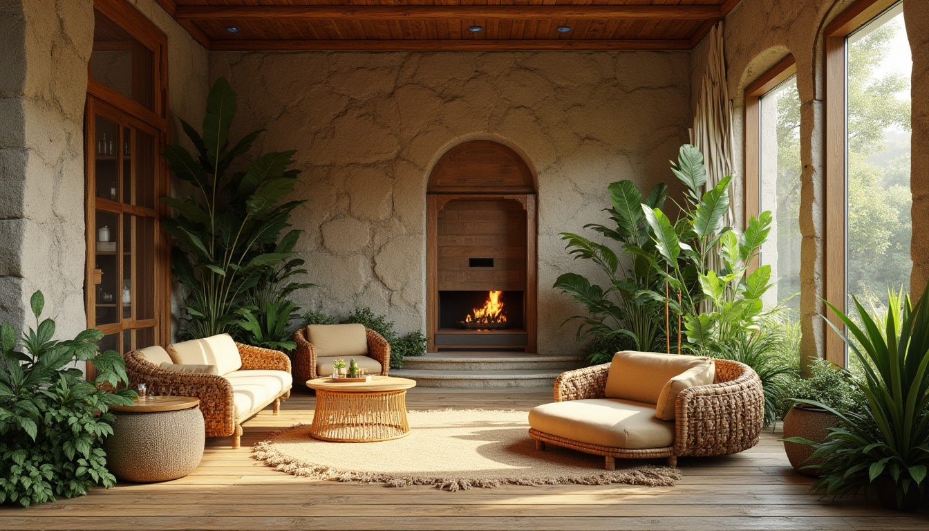 Prompt: Earthy tone, natural stone walls, reclaimed wood accents, bamboo flooring, organic textures, woven fibers, rattan furniture, living green walls, lush foliage, serene ambiance, warm soft lighting, shallow depth of field, 1/1 composition, realistic renderings, ambient occlusion.