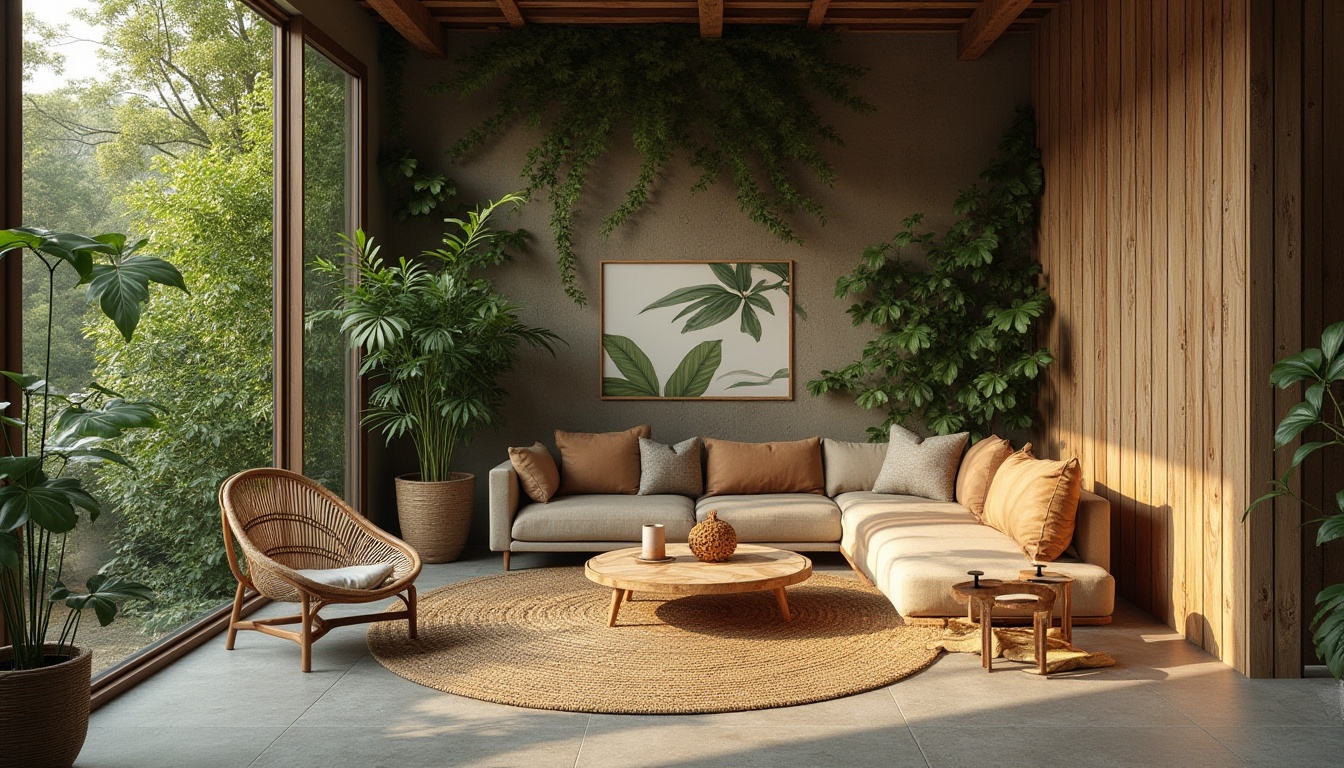 Prompt: Organic interior design, natural elements, earthy color palette, reclaimed wood accents, living green walls, botanical prints, woven textiles, rattan furniture, stone flooring, organic shapes, soft warm lighting, cozy ambiance, serene atmosphere, shallow depth of field, 3/4 composition, panoramic view, realistic textures, ambient occlusion.