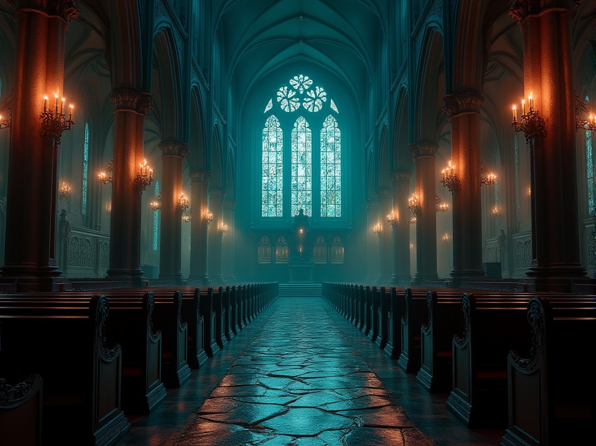 Prompt: \Mysterious Gothic cathedral, dark mysterious atmosphere, rich ornate details, intricate stone carvings, stained glass windows, vibrant jewel-toned colors, deep crimson reds, midnight blues, emerald greens, gold accents, luxurious velvet textures, ancient weathered stones, mystical foggy ambiance, dramatic spotlighting, high contrast shading, cinematic composition, realistic atmospheric effects.\