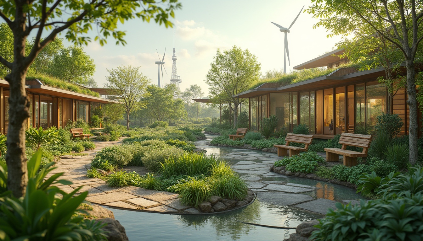 Prompt: Eco-friendly landscape, lush green roofs, rainwater harvesting systems, permeable pavement, native plant species, organic gardens, composting areas, bird-friendly habitats, solar-powered irrigation, wind turbines, recycled materials, natural stone pathways, reclaimed wood benches, energy-efficient lighting, soft warm ambiance, shallow depth of field, 3/4 composition, panoramic view, realistic textures, ambient occlusion.