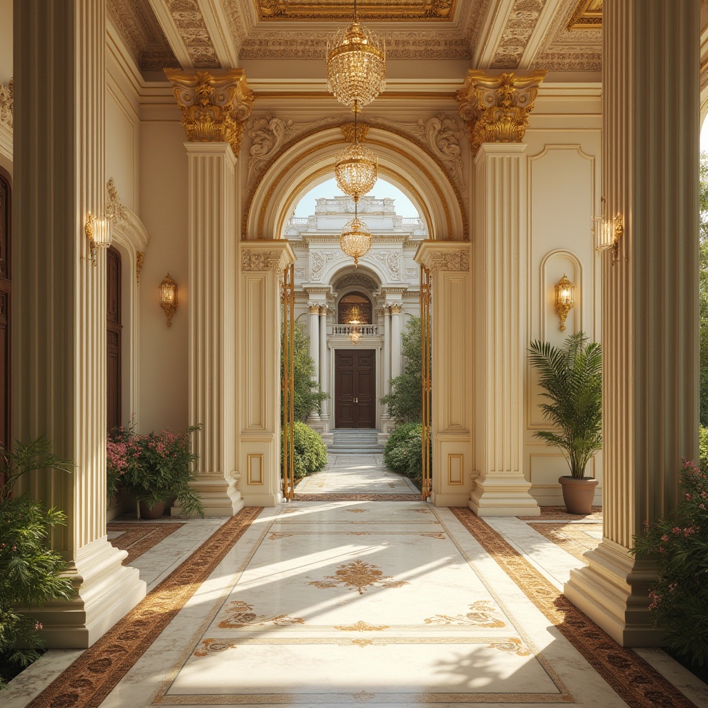 Prompt: Elegant neoclassical mansion, ornate columns, intricately carved details, symmetrical facade, soft golden lighting, warm beige stonework, creamy white marble, rich wood accents, luxurious velvet drapes, subtle patterned rugs, majestic crystal chandeliers, refined ornamental moldings, serene courtyard, lush greenery, blooming flowers, gentle fountain sounds, warm sunny day, shallow depth of field, 1/1 composition, realistic textures, ambient occlusion.