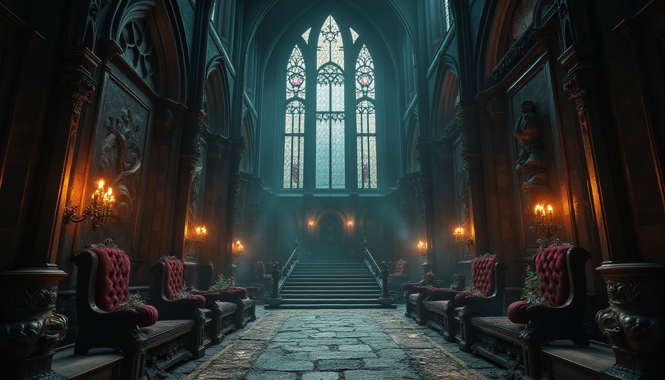 Prompt: Richly ornate Gothic architecture, mysterious dark stones, intricately carved details, grandiose vaulted ceilings, stained glass windows, eerie misty atmosphere, flickering torchlight, mysterious shadows, worn stone floors, lavish velvet drapes, heavy ironwork, weathered copper accents, mystical symbols, ancient artifacts, dramatic chiaroscuro lighting, 1/1 composition, moody color palette, deep blues, rich reds, muted golds, dark greens, atmospheric perspective, realistic textures, ambient occlusion.