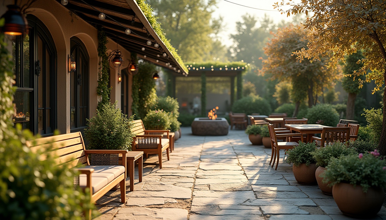 Prompt: Inviting outdoor patio, lush greenery, vibrant flowers, natural stone flooring, wooden benches, ornate metal railings, ambient string lighting, warm sunny day, shallow depth of field, 3/4 composition, panoramic view, realistic textures, cozy fire pit, plush outdoor furniture, decorative planters, tranquil water features, soothing sound effects.