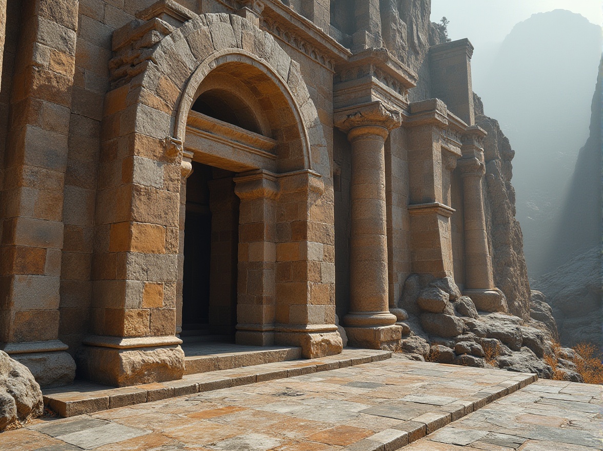 Prompt: Granite building facade, coarse textured stone, earthy tones, natural pattern variations, flecked mineral deposits, glossy polished surfaces, rugged cliffside formations, monumental architecture, grand entranceways, ornate columns, rustic landscapes, misty atmospheric conditions, soft diffused lighting, shallow depth of field, 1/2 composition, realistic rock textures, ambient occlusion.