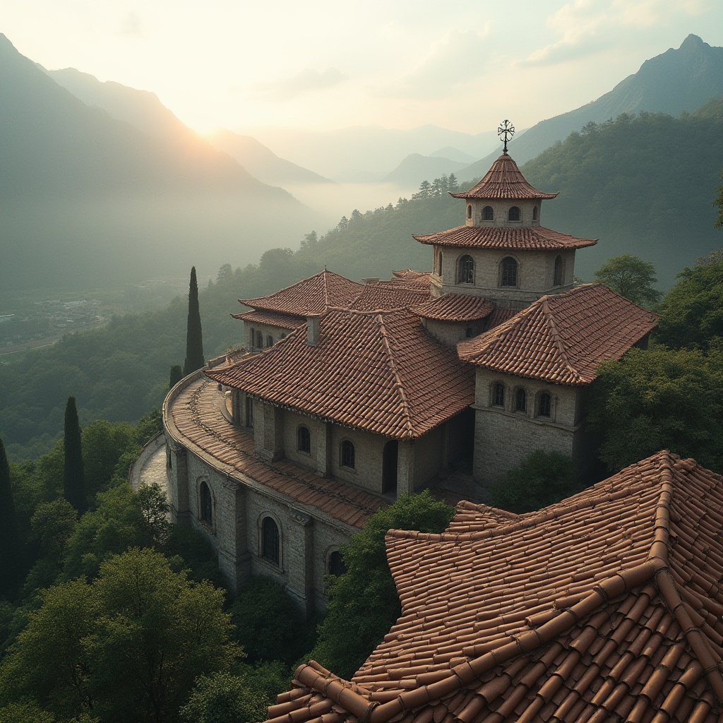 Prompt: Curved monastery rooftops, terracotta tiles, rustic stone walls, arched windows, ornate ironwork, spiritual ambiance, serene natural surroundings, lush greenery, misty mountains, foggy mornings, soft warm lighting, shallow depth of field, 3/4 composition, panoramic view, realistic textures, ambient occlusion, innovative solar panels, eco-friendly materials, sustainable energy solutions, minimalist design, modern architectural twists, subtle ornateness, earthy color palette.