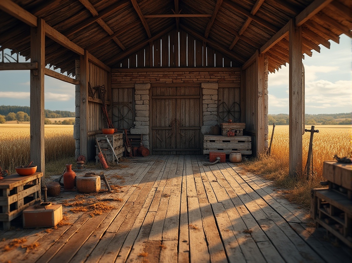 Prompt: Rustic barn, distressed wood planks, worn metal roofs, vintage farm tools, rural landscape, rolling hills, golden wheat fields, weathered stone walls, earthy color palette, natural materiality, rough-hewn wooden beams, exposed brick textures, industrial metal accents, soft warm lighting, shallow depth of field, 1/2 composition, intimate focus, realistic renderings, ambient occlusion.