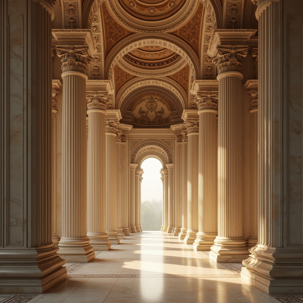 Prompt: Ornate columns, intricately carved capitals, rustic stone textures, ornamental volutes, classical Corinthian details, grandiose arches, vaulted ceilings, majestic domes, richly ornamented facades, harmonious proportion, symmetrical composition, warm golden lighting, soft focus, atmospheric perspective, realistic marble materials, subtle ambient occlusion.