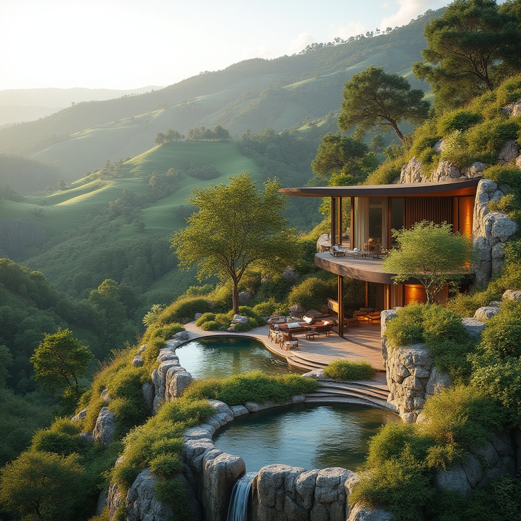 Prompt: Harmonious landscape integration, rolling hills, lush greenery, serene water features, natural stone walls, wooden decks, organic architecture, curved lines, earthy tones, blending boundaries, seamless transitions, outdoor living spaces, functional courtyards, scenic overlooks, panoramic views, warm natural lighting, soft shadows, 3/4 composition, realistic textures, ambient occlusion.