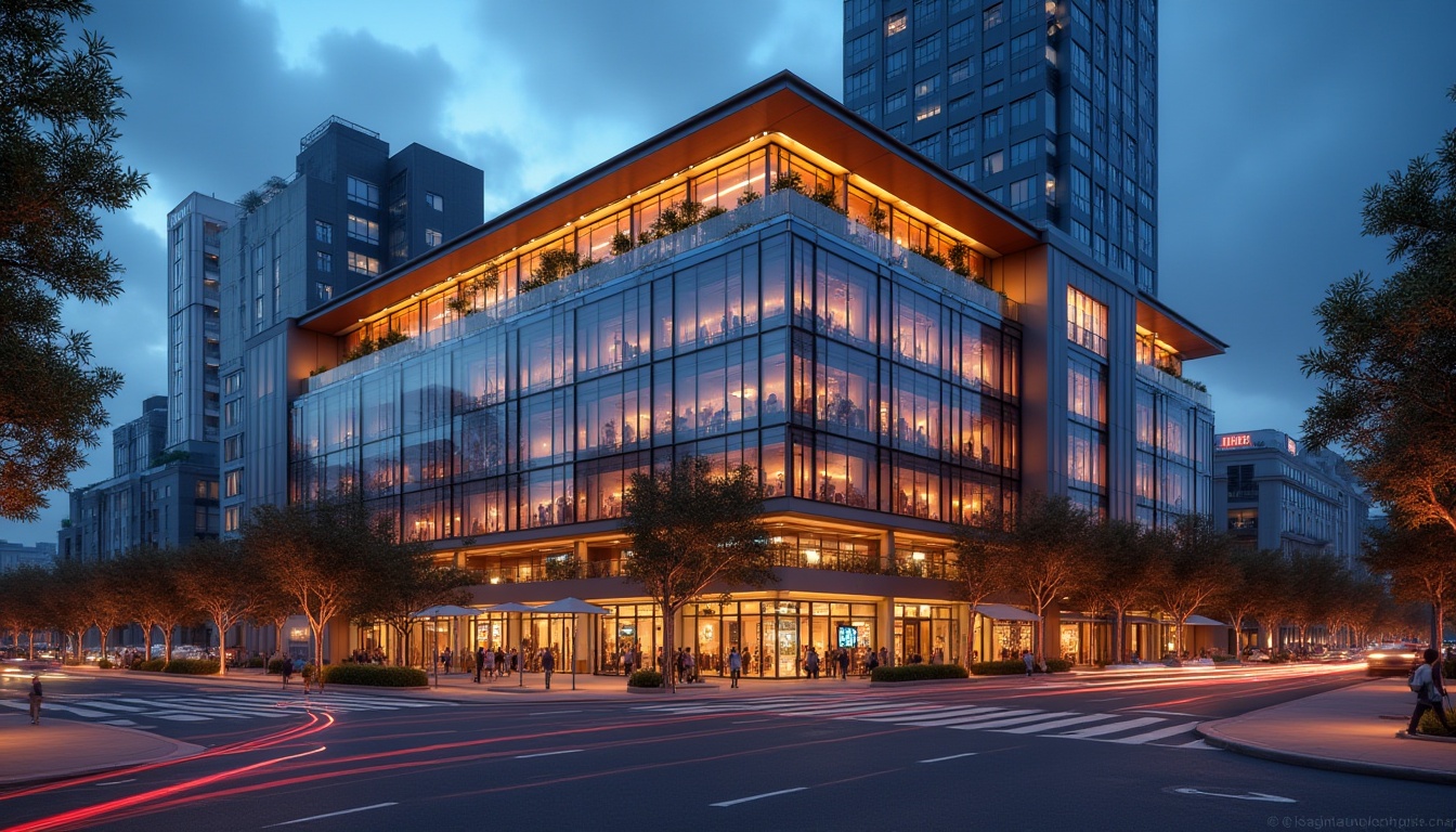 Prompt: Modern commercial building facade, sleek glass curtain walls, aluminum frames, LED lighting systems, cantilevered roofs, minimalist architectural design, urban cityscape, busy streets, pedestrian traffic, vibrant nighttime ambiance, warm golden lighting, shallow depth of field, 2/3 composition, realistic reflections, ambient occlusion.