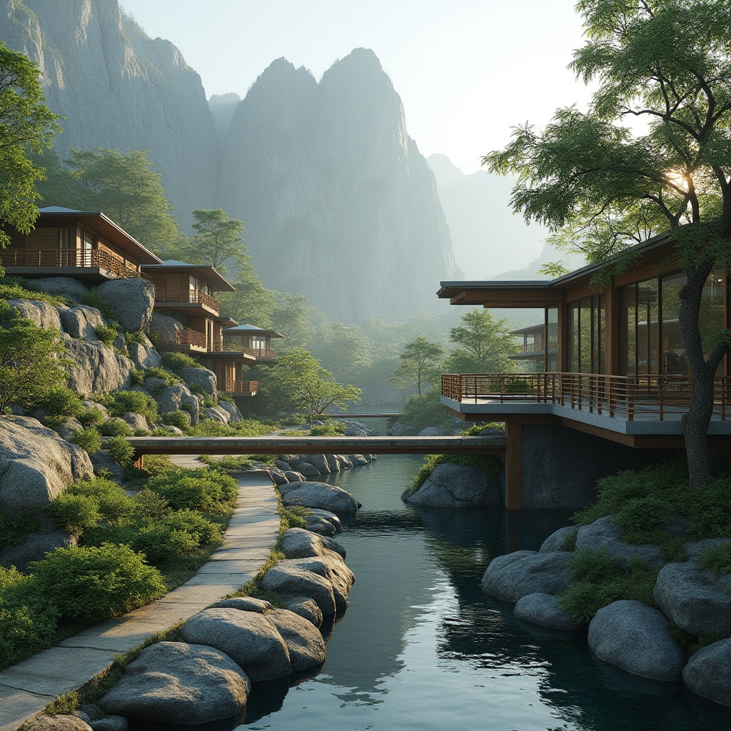 Prompt: Mountainous backdrop, lush vegetation, winding paths, natural stone walls, wooden bridges, serene water features, modern architectural integration, sleek glass facades, cantilevered roofs, minimalist design, harmonious color palette, abundant natural light, soft warm ambiance, shallow depth of field, 3/4 composition, panoramic view, realistic textures, ambient occlusion.