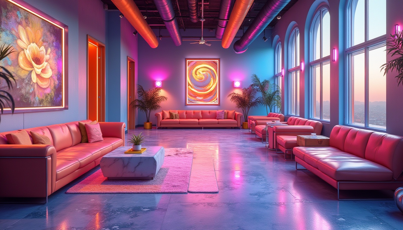 Prompt: Vibrant design studio, eclectic color palette, bold bright hues, pastel shades, metallic accents, iridescent sheen, neon lights, futuristic ambiance, sleek modern furniture, abstract artwork, geometric patterns, 3D visualizations, atmospheric lighting, shallow depth of field, panoramic view, realistic textures, ambient occlusion.