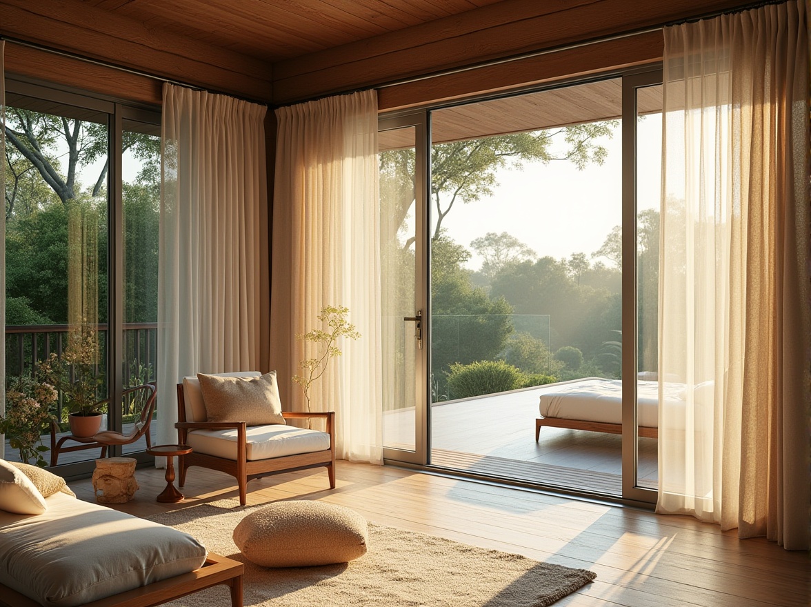 Prompt: Elegant modern villa, floor-to-ceiling windows, sliding glass doors, sheer curtains, flowing drapes, ornate valances, luxurious fabrics, subtle patterns, soft folds, natural light filtering, warm sunbeams, cozy ambiance, minimalist design, sleek metal frames, rustic wooden accents, verdant outdoor views, lush greenery, blooming flowers, serene atmosphere, shallow depth of field, 3/4 composition, realistic textures, ambient occlusion.