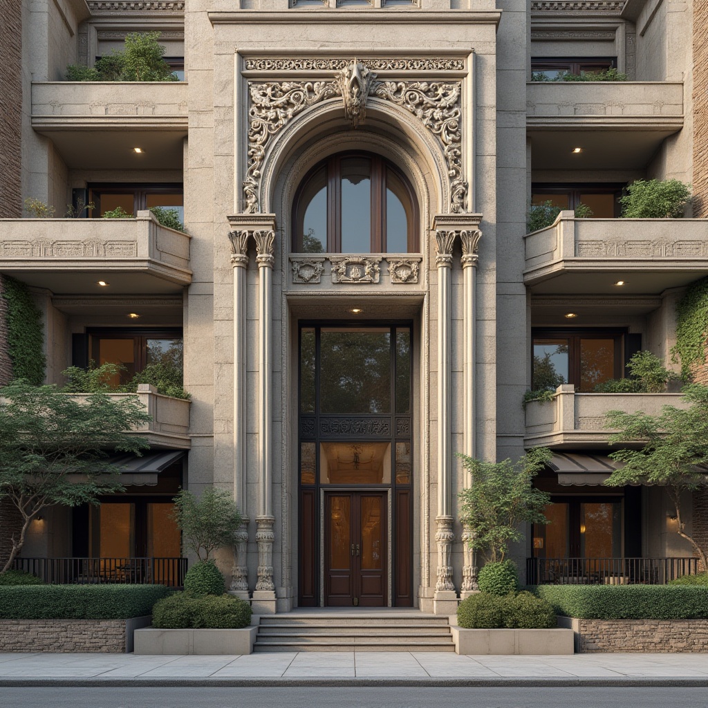 Prompt: Intricate stone carvings, ornate metalwork, grand entrance archways, symmetrical facade composition, neutral color palette, contrasting textures, rustic brick accents, modern minimalist windows, cantilevered balconies, greenery overhangs, subtle lighting effects, warm golden hour ambiance, shallow depth of field, 1/1 composition, realistic material rendering, ambient occlusion.