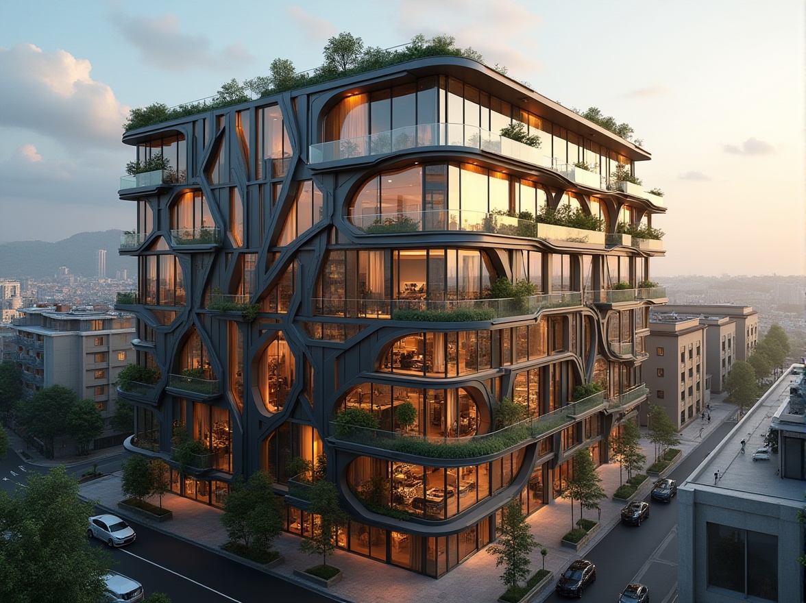 Prompt: Modern residential building, futuristic facade design, gleaming glass surfaces, angular metal frames, dynamic LED lighting, sustainable energy harvesting, solar panels, green roofs, living walls, vertical gardens, natural stone cladding, minimalist balconies, sleek railings, urban cityscape, morning sunlight, soft warm glow, shallow depth of field, 1/1 composition, realistic textures, ambient occlusion.