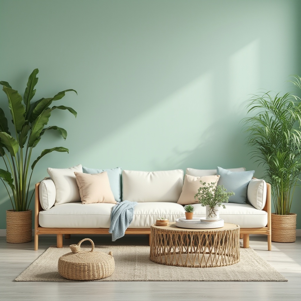 Prompt: Soft mint green walls, creamy white furniture, warm beige accents, pale lavender decor, gentle turquoise hues, calming blue-grey tones, natural wood textures, woven rattan elements, lush green plants, ambient softbox lighting, shallow depth of field, 1/1 composition, realistic fabric simulations.