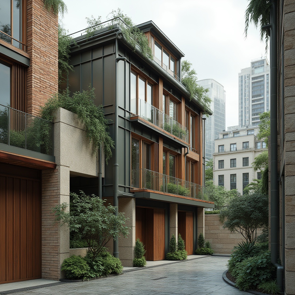 Prompt: Monochromatic building facade, earthy tone bricks, rusty metal accents, vibrant green roofs, warm beige stone walls, rich wood textures, soft cream-colored concrete, industrial chic pipes, sleek modern glass railings, urban cityscape backdrop, overcast sky, dramatic shadows, cinematic lighting, 1/1 composition, shallow depth of field, realistic reflections, ambient occlusion.Please let me know if this meets your requirements!