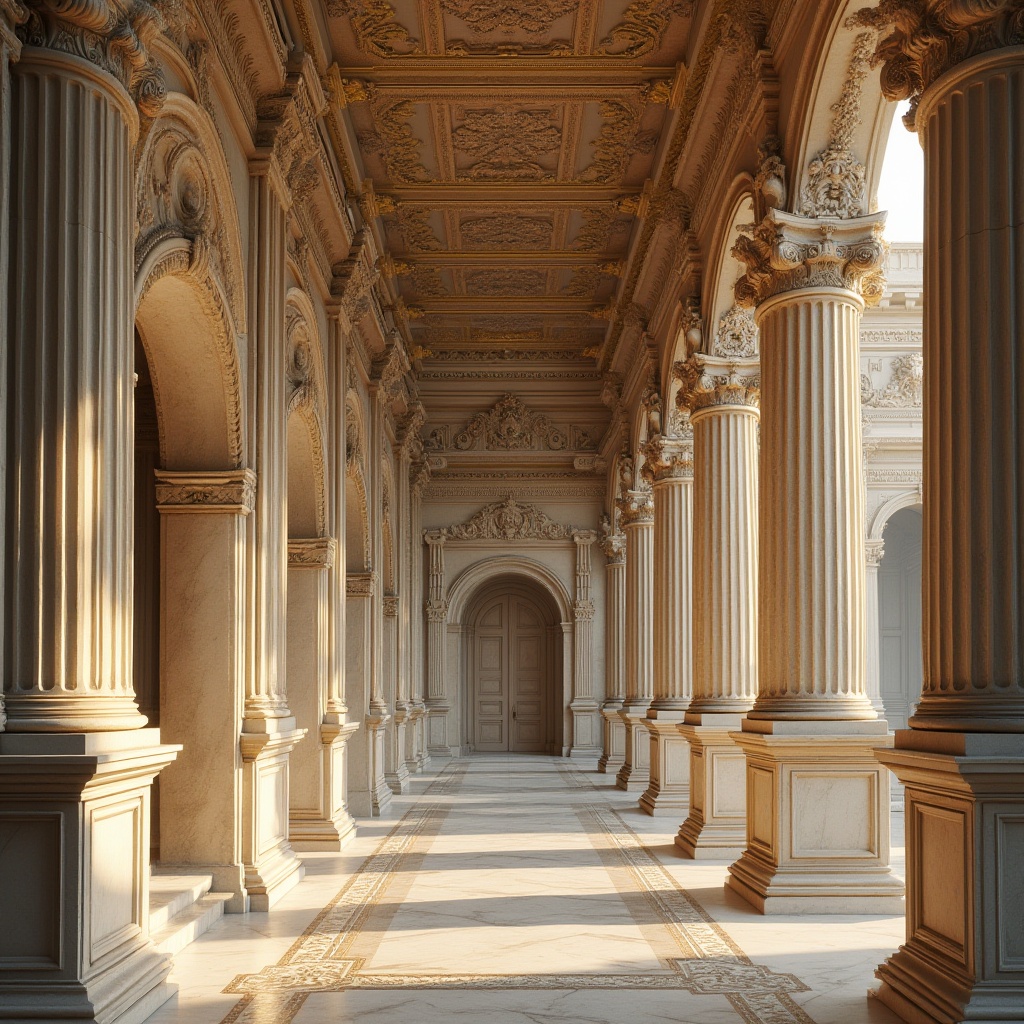 Prompt: Grandiose columns, ornate capitals, carved marble facades, symmetrical compositions, majestic arches, intricate moldings, gilded details, ornamental pediments, sculpted reliefs, limestone walls, rusticated bases, Tuscan pillars, egg-and-dart motifs, acanthus leaves, floral patterns, curved lines, subtle chiaroscuro, warm golden lighting, 1/2 composition, shallow depth of field, realistic textures, ambient occlusion.