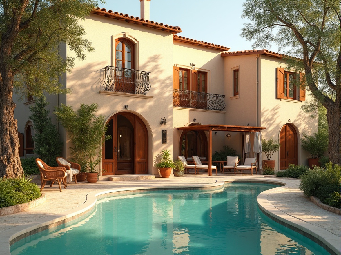 Prompt: Tranquil villa facade, earthy terracotta tones, soft creamy whites, warm beige accents, lush greenery surroundings, natural stone pathways, wooden shutters, Mediterranean-inspired architecture, curved lines, ornate ironwork details, vibrant turquoise pool waters, sunny afternoon light, warm golden hour ambiance, shallow depth of field, 1/1 composition, realistic textures, ambient occlusion.