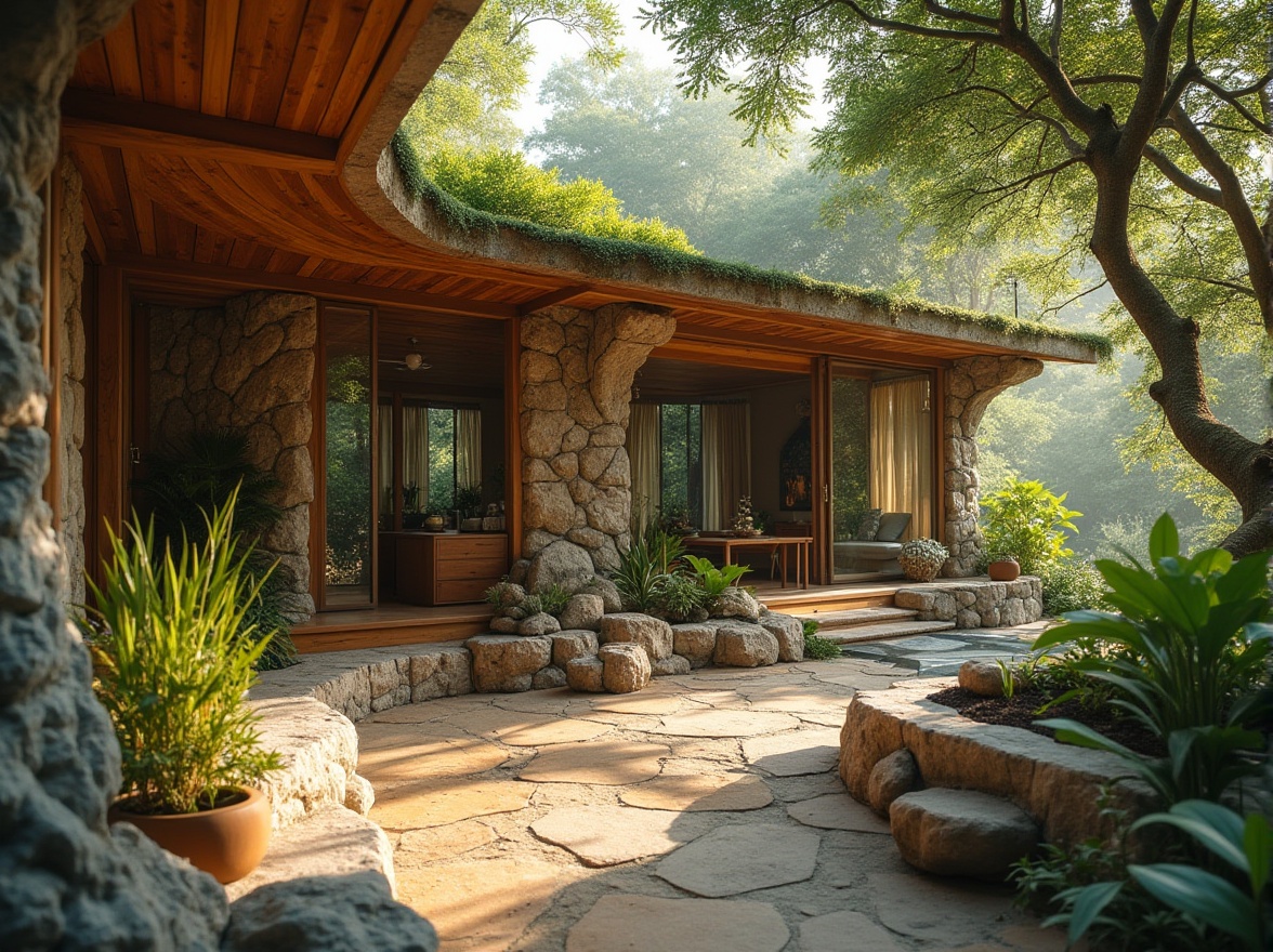 Prompt: Earthy tones, natural stone walls, reclaimed wood accents, bamboo flooring, living green roofs, lush vegetation, organic shapes, curved lines, sustainable building materials, eco-friendly design, minimal carbon footprint, solar panels, wind turbines, rainwater harvesting systems, wooden beams, exposed brickwork, earthy color palette, warm ambient lighting, shallow depth of field, 1/1 composition, intimate atmosphere, serene ambiance.