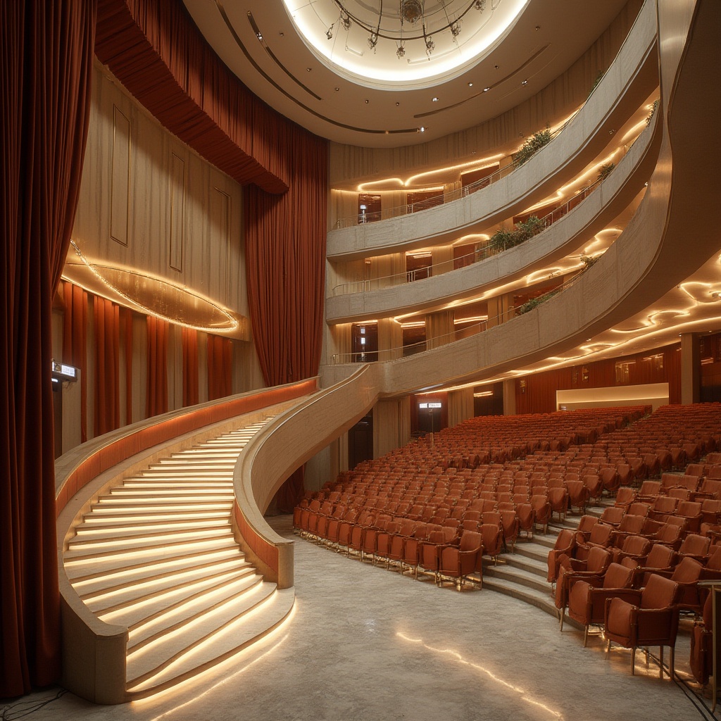 Prompt: Sleek opera house interior, curved lines, minimalist decor, polished marble floors, grand staircases, ornate balconies, velvet curtains, luxurious seating areas, rich wood accents, modern chandeliers, soft warm lighting, shallow depth of field, 3/4 composition, panoramic view, realistic textures, ambient occlusion, futuristic architectural design, streamlining elements, metallic materials, geometric patterns, bold color schemes, high ceilings, open spaces, grandiose atmosphere.