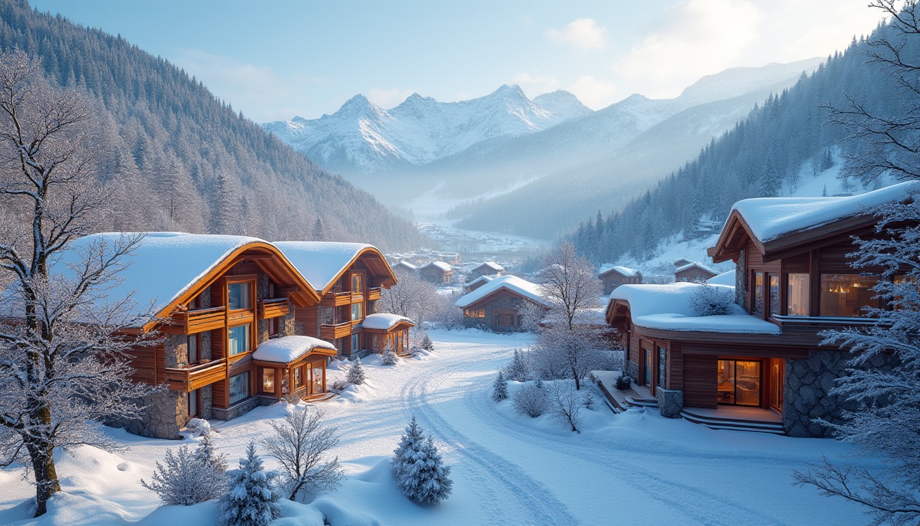 Prompt: Vibrant ski resort, snow-capped mountains, frosty mornings, wooden chalets, intricate stonework, curved lines, abstract shapes, bold color schemes, geometric patterns, iridescent glass facades, cantilevered structures, modern expressionist architecture, dynamic lighting effects, misty atmosphere, shallow depth of field, 1/2 composition, dramatic shadows, realistic snow textures, ambient occlusion.