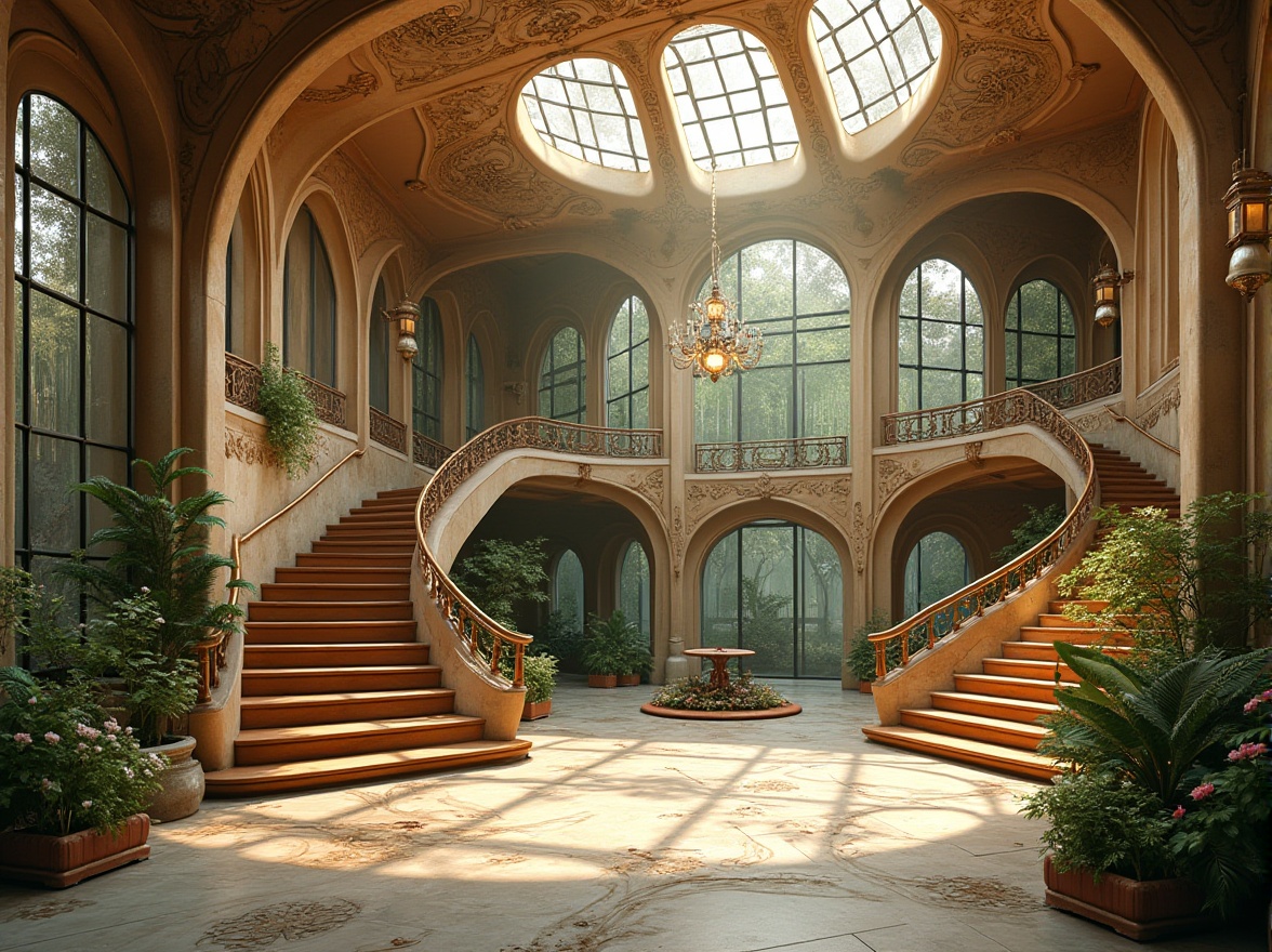 Prompt: Intricate Art Nouveau architecture, flowing organic lines, ornate metalwork, stained glass windows, grand entrance halls, sweeping staircases, floral patterns, natural stone walls, high ceilings, large skylights, soft warm lighting, morning sunlight, gentle shadows, 1/1 composition, symmetrical framing, realistic textures, ambient occlusion, lush greenery, blooming flowers, peaceful atmosphere.