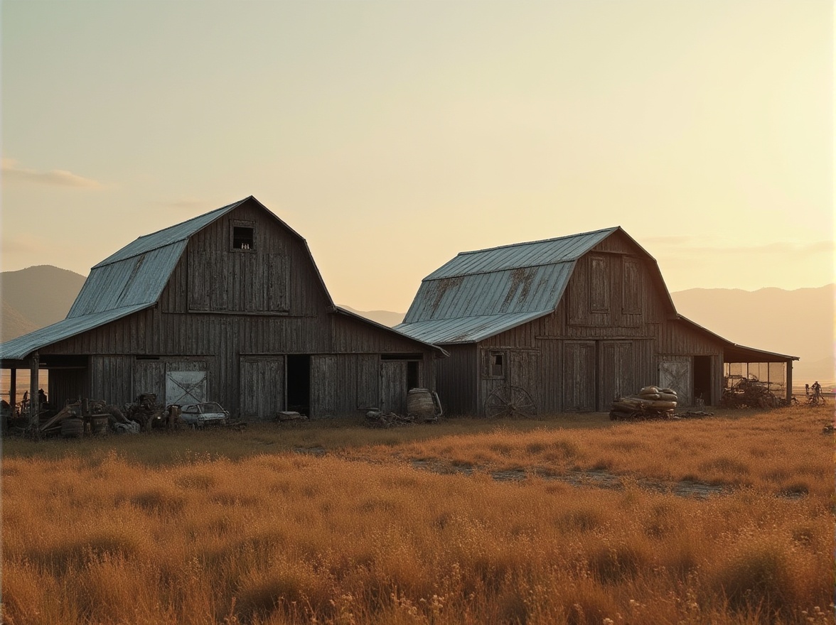 Prompt: Rustic barns, unique shapes, asymmetrical forms, abstract silhouettes, weathered wood textures, distressed metal roofs, vintage agricultural equipment, rolling hills, rural landscapes, warm golden lighting, soft focus, shallow depth of field, 1/1 composition, cinematic views, realistic wear and tear, ambient occlusion.