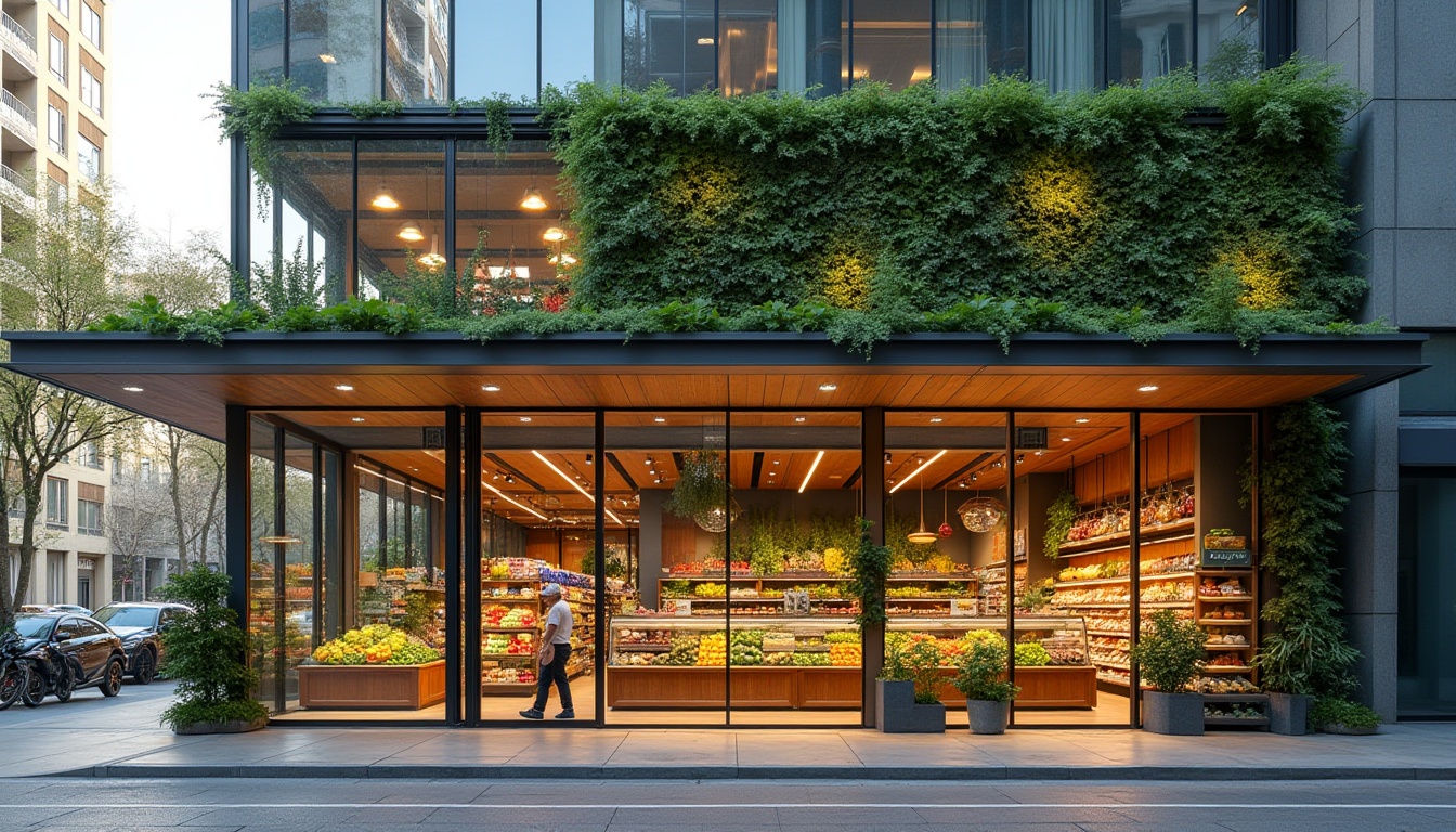 Prompt: Vibrant grocery store facade, large glass windows, sliding doors, modern metal frames, cantilevered roofs, vertical green walls, living walls, lush greenery, colorful LED lighting, geometric patterns, intricate textures, urban cityscape, busy streets, morning sunlight, soft warm glow, shallow depth of field, 1/2 composition, symmetrical architecture, minimalist design, eco-friendly materials, sustainable energy solutions.