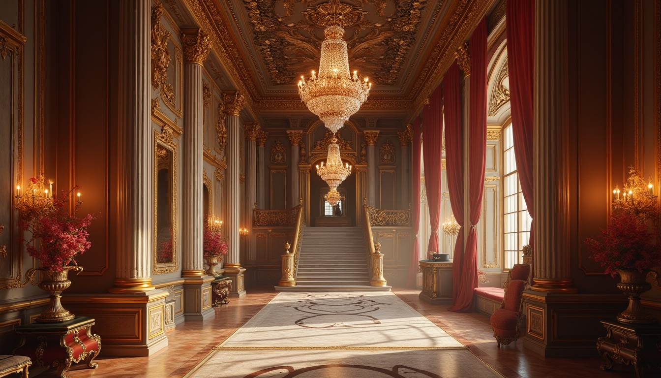 Prompt: Grand Renaissance palace, ornate chandeliers, lavish furnishings, rich velvet drapes, intricate stone carvings, high ceilings, grand staircases, marble floors, ornamental mirrors, elegant wooden paneling, Baroque-inspired furniture, luxurious textiles, warm golden lighting, soft focus, 1/1 composition, intimate atmosphere, realistic wood grains, ambient occlusion.