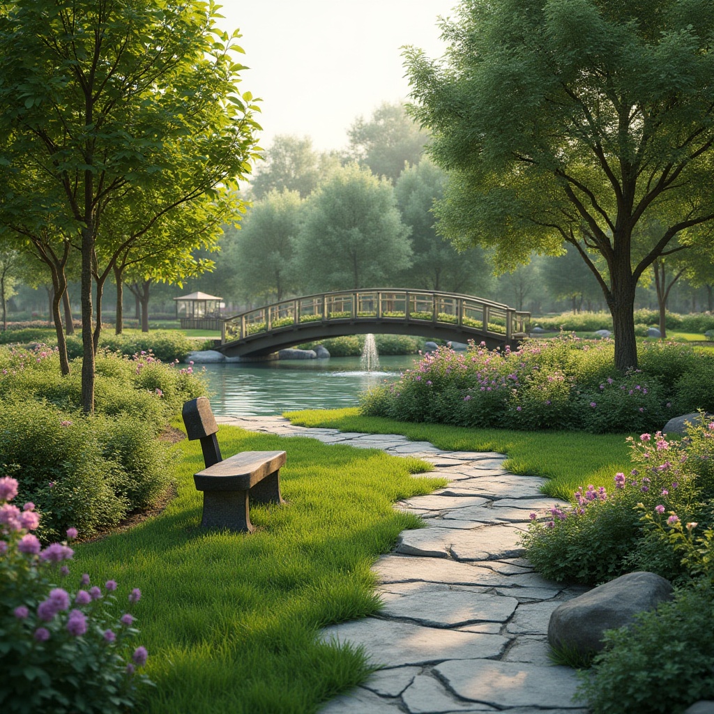 Prompt: Lush green lawns, blooming flowerbeds, serene water features, natural stone pathways, rustic wooden bridges, meandering walking trails, vibrant seasonal plants, ornamental trees, sculptural garden benches, modern outdoor lighting, soft warm ambiance, shallow depth of field, 3/4 composition, panoramic view, realistic textures, ambient occlusion.