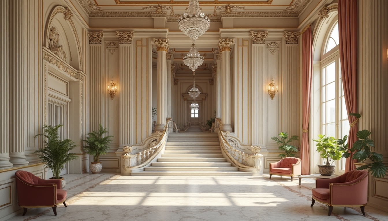 Prompt: Grand neoclassical facade, ornate columns, intricately carved pediments, decorative pilasters, ornamental moldings, lavish cornices, symmetrical composition, grand entranceways, sweeping staircases, elegant balustrades, refined furniture, upholstered armchairs, rich velvet drapes, crystal chandeliers, gilded accents, subtle color palette, soft natural lighting, shallow depth of field, 2/3 composition, realistic textures, ambient occlusion.