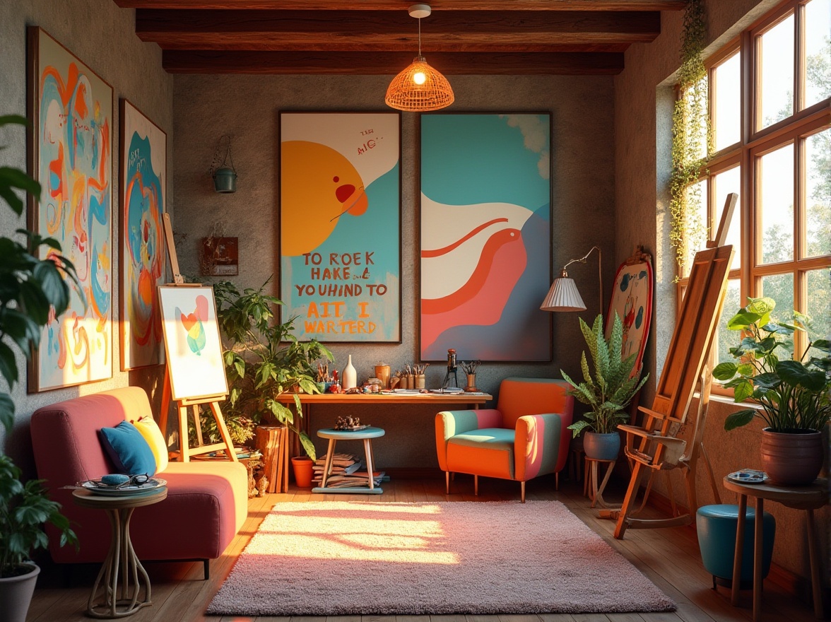 Prompt: Vibrant art studio, eclectic furniture, abstract artwork, bold color blocking, warm golden lighting, cozy atmosphere, plush area rugs, wooden easels, inspirational quotes, artistic supplies, scattered paintbrushes, colorful canvases, natural stone walls, bohemian chic decor, oversized windows, soft morning light, 3/4 composition, realistic textures, ambient occlusion.