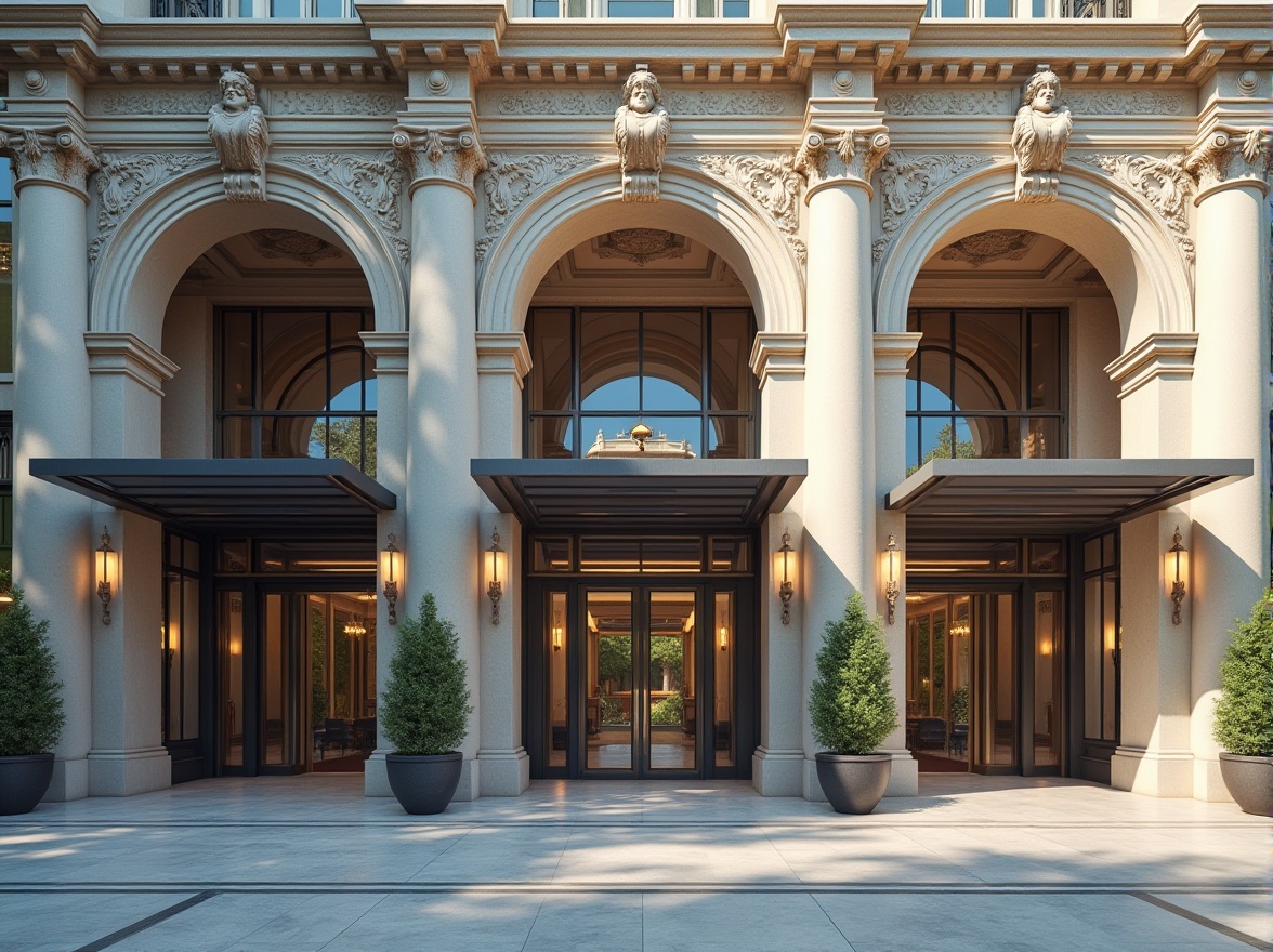 Prompt: Grand entrance, symmetrical composition, classical columns, ornate carvings, majestic arches, neutral color palette, rustic stone walls, polished metal doors, elegant glass canopies, sophisticated lighting fixtures, refined architectural details, subtle texture contrasts, inviting pedestrian approach, vibrant cityscape, clear blue sky, warm sunny day, shallow depth of field, 3/4 composition, realistic materials, ambient occlusion.