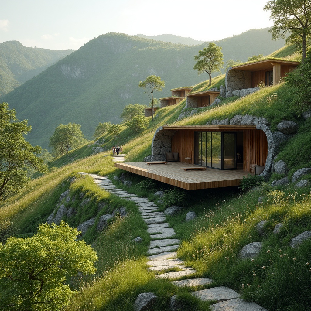 Prompt: Sweeping hillside, lush greenery, meandering paths, natural stone walls, modern architecture, curved lines, cantilevered roofs, floor-to-ceiling windows, sliding glass doors, minimalist design, organic materials, seamless transitions, rustic wooden accents, wildflower fields, serene ambiance, warm sunny day, soft diffused lighting, atmospheric perspective, 1/2 composition, cinematic view, detailed textures, subtle ambient occlusion.