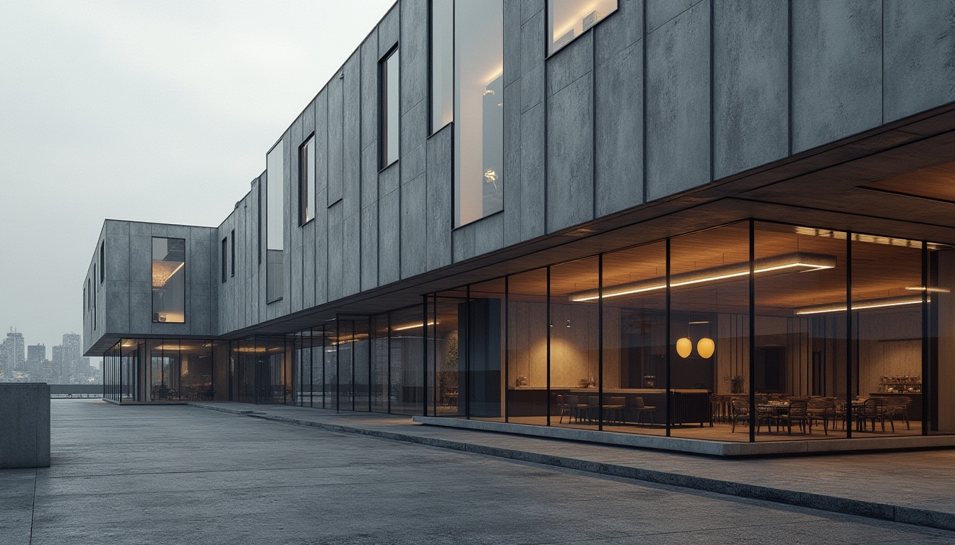 Prompt: Modern building facade, sleek metal cladding, reflective glass surfaces, rough concrete textures, industrial chic aesthetic, exposed ductwork, polished wood accents, minimalist decor, brutalist architecture, urban cityscape, overcast sky, soft warm lighting, shallow depth of field, 1/1 composition, realistic render, ambient occlusion, subtle color palette, monochromatic scheme.