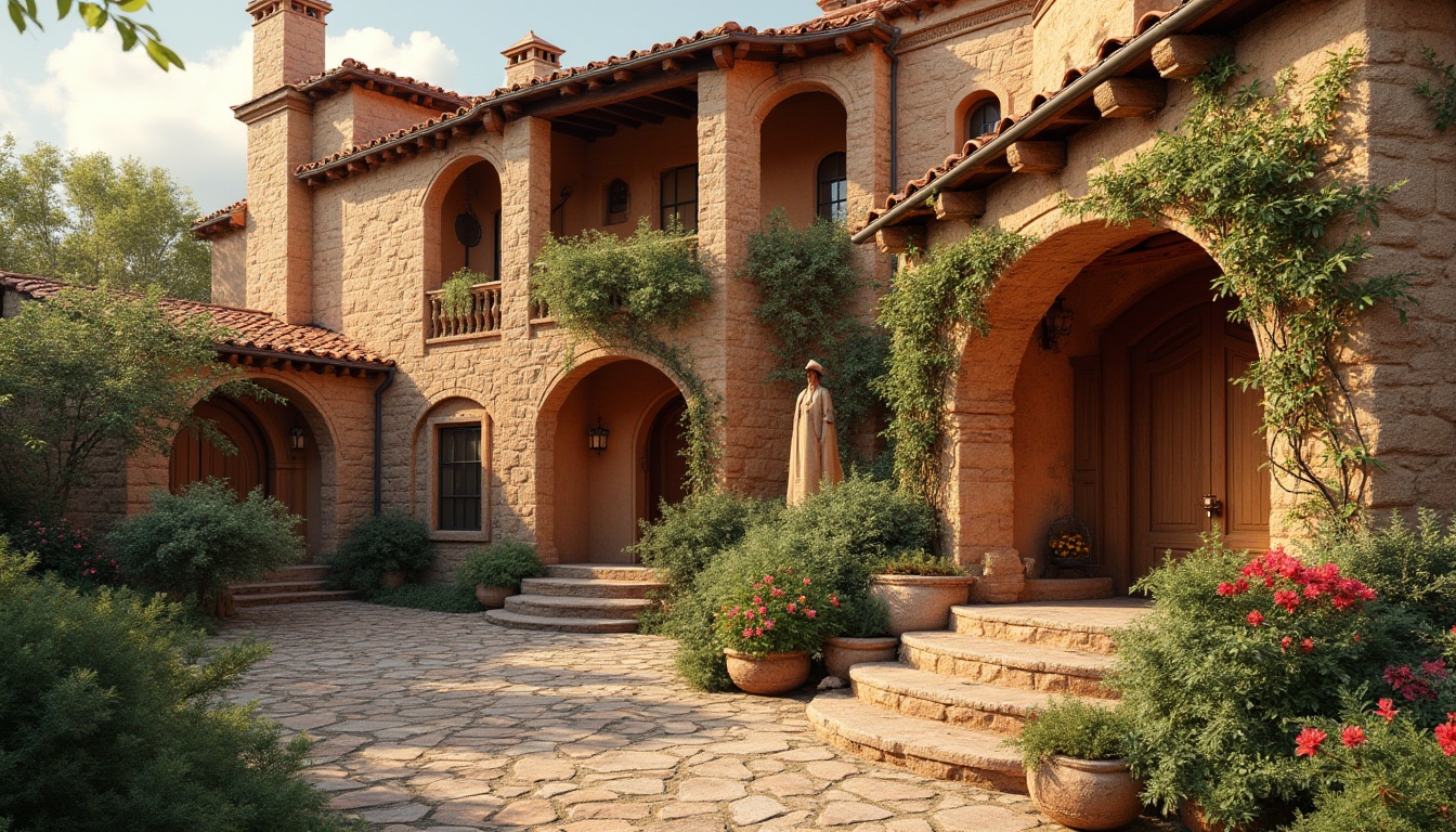 Prompt: Rustic regionalist fa\u00e7ade, earthy terracotta tones, curved ornate details, traditional wooden shutters, intricate stone carvings, asymmetrical composition, natural limestone walls, clay roof tiles, lush greenery, blooming flowers, warm sunny day, soft diffused lighting, shallow depth of field, 1/1 composition, realistic textures, ambient occlusion, earthy color palette, organic shapes, cultural heritage inspiration.