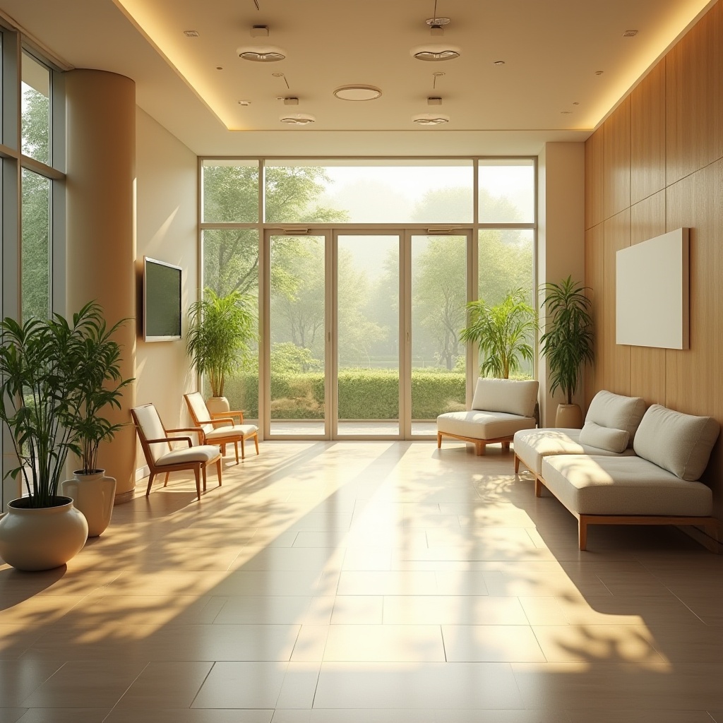 Prompt: Calming healthcare facility, warm beige walls, soothing natural light, floor-to-ceiling windows, lush greenery views, wooden accents, minimalist decor, comfortable waiting areas, gentle color palette, subtle textures, peaceful atmosphere, morning sunlight, soft shadows, 1/1 composition, realistic rendering, ambient occlusion.