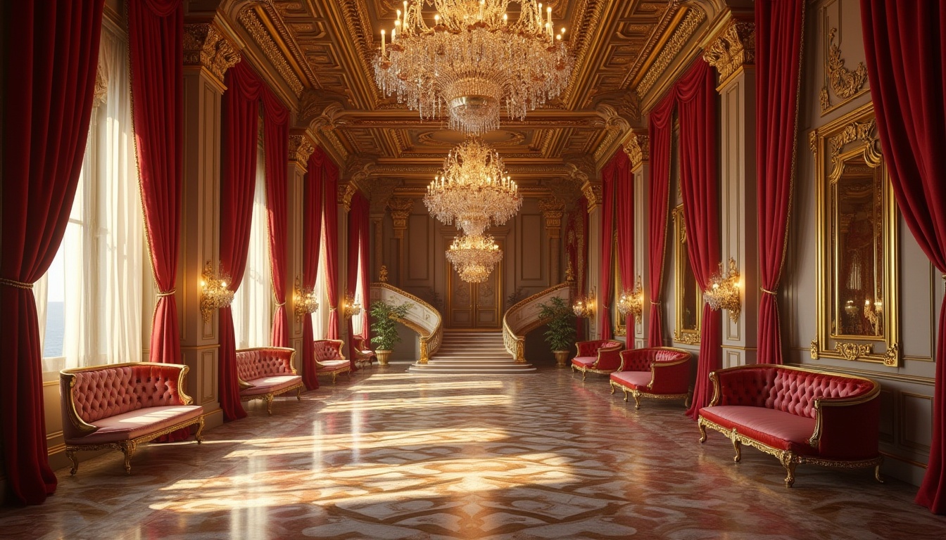 Prompt: Grandiose ballroom, ornate chandeliers, lavish furnishings, velvet drapes, gilded mirrors, intricate wood carvings, marble floors, curved staircases, sweeping archways, luxurious textiles, rich jewel tones, dramatic lighting, shallow depth of field, 1/1 composition, symmetrical layout, opulent decor, regal atmosphere, warm golden lighting, classic Baroque architecture.