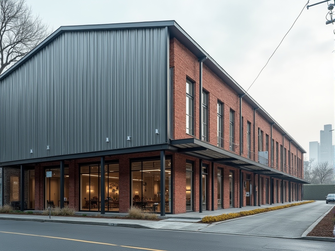 Prompt: Industrial warehouse facade, exposed brick walls, metal frame structures, large glass windows, corrugated metal cladding, minimalist aesthetic, functional design, urban landscape, city skyline, cloudy grey sky, soft natural lighting, shallow depth of field, 1/1 composition, realistic textures, ambient occlusion, international style influences, modern industrial materials, bold typography, neutral color palette.