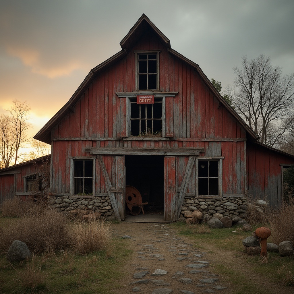 Prompt: Rustic barn, weathered wood, earthy tones, muted reds, warm beiges, soft blues, vintage farm equipment, hayloft windows, wooden beams, distressed textures, natural stone foundations, overcast skies, warm golden lighting, shallow depth of field, 2/3 composition, realistic atmosphere, ambient occlusion.