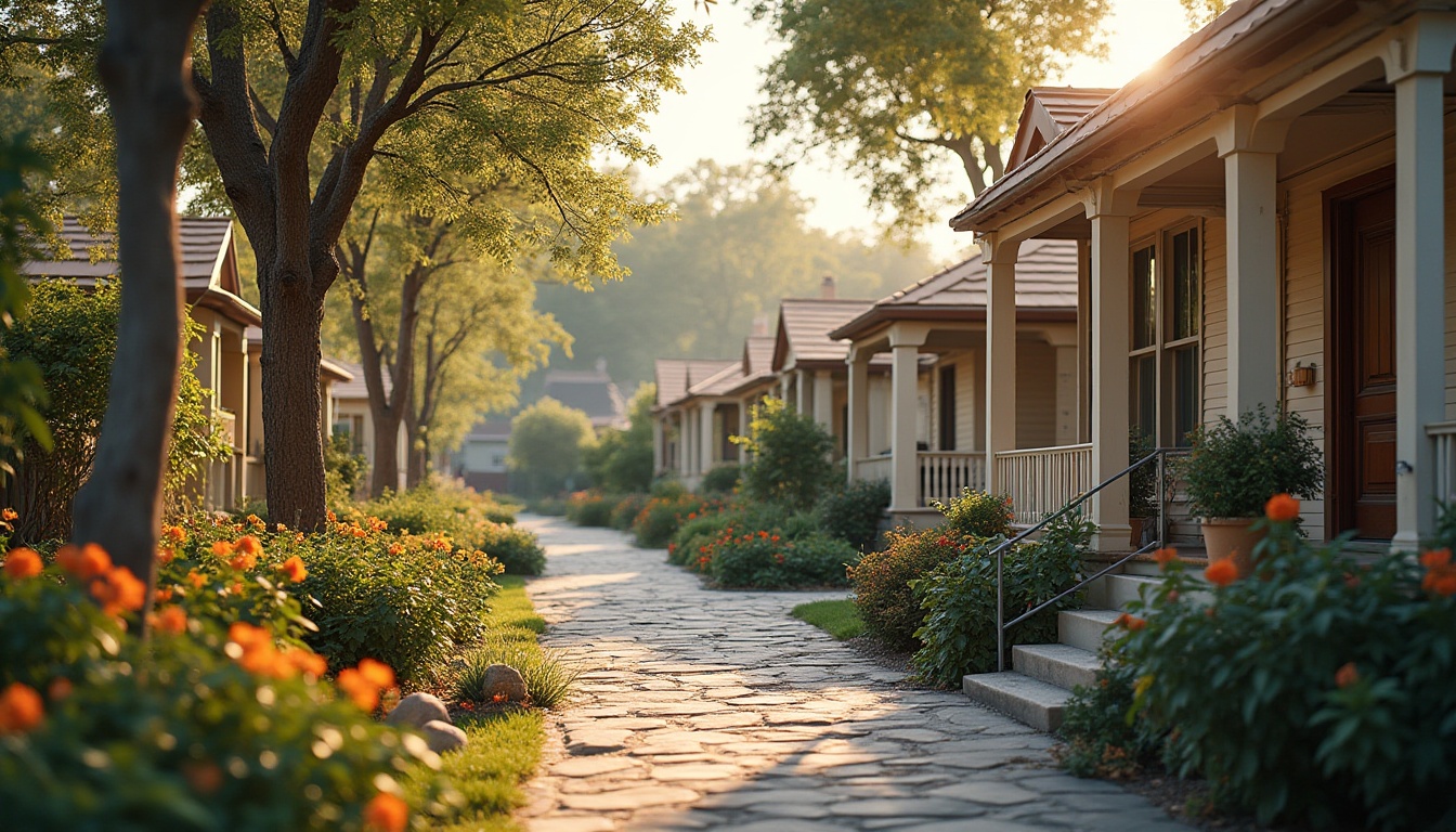 Prompt: Warm residential neighborhood, cozy homes, earthy tones, soft browns, creamy whites, gentle greens, subtle blues, inviting porches, decorative railings, lush gardens, blooming flowers, natural stone pathways, rustic wooden accents, warm streetlights, sunny afternoon, soft shadows, 1/2 composition, intimate atmosphere, realistic textures, ambient occlusion.