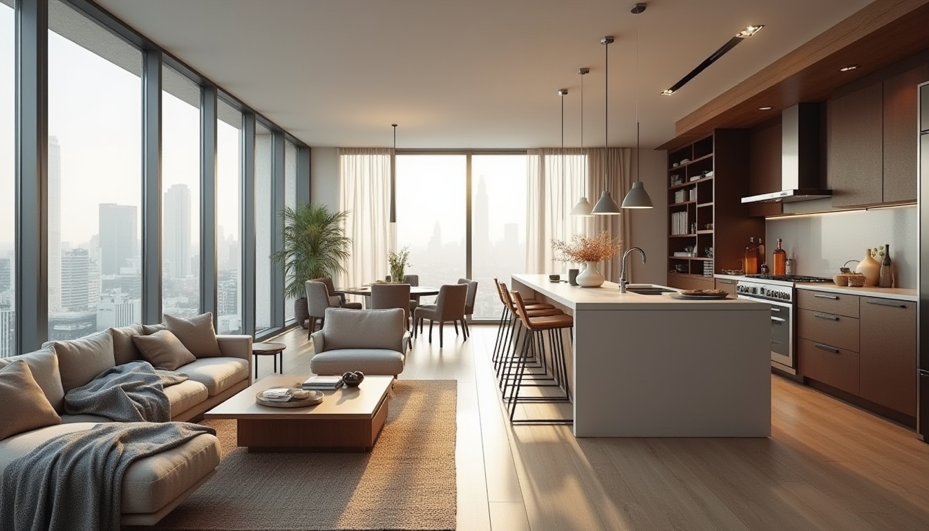 Prompt: Cozy living room, minimalistic decor, comfortable sofas, wooden coffee tables, floor-to-ceiling windows, natural light, urban skyline views, modern kitchen island, high-gloss countertops, stainless steel appliances, sleek cabinetry, open shelving, functional workspace, ergonomic chairs, built-in bookshelves, soft area rugs, warm neutral color palette, 1/2 composition, subtle depth of field, realistic textures, ambient occlusion.