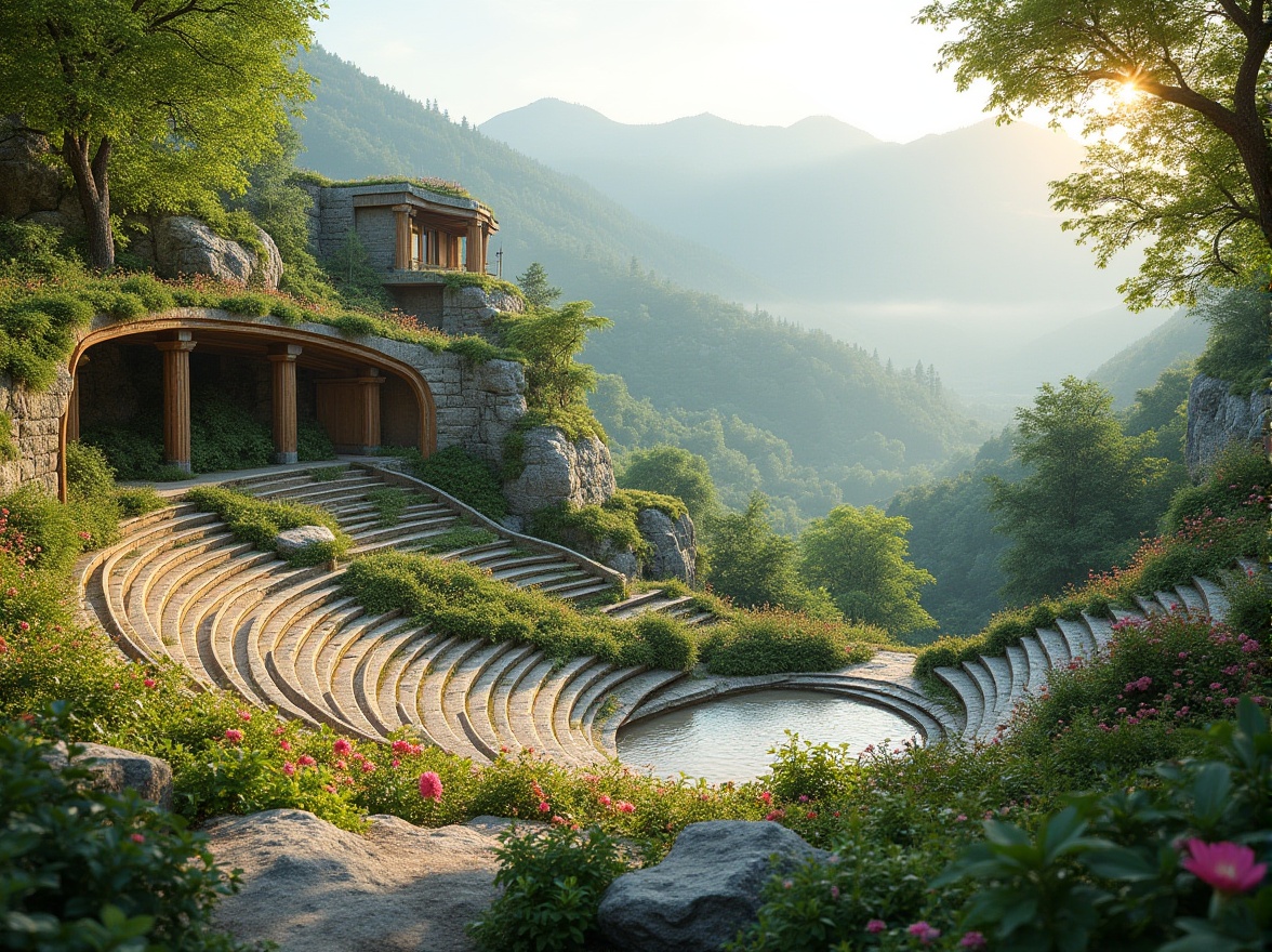 Prompt: Natural amphitheater setting, lush greenery surroundings, tiered seating areas, curved architectural lines, rustic stone walls, wooden accents, vibrant blooming flowers, scenic valley views, misty morning atmosphere, warm soft lighting, 3/4 composition, panoramic view, realistic textures, ambient occlusion, elevated platforms, organic blending with nature, meandering walkways, native plant species, ecological balance, sustainable design elements.