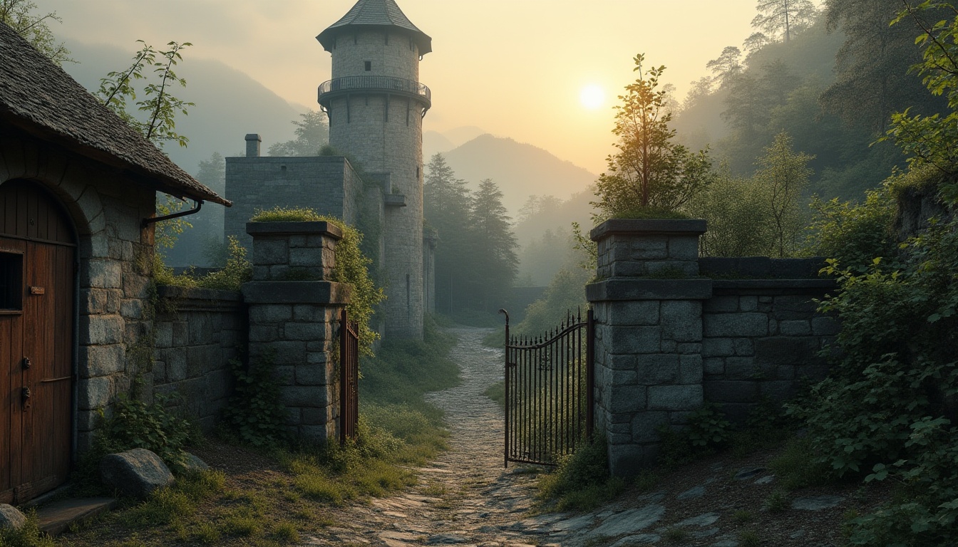 Prompt: Majestic watchtowers, rugged stone walls, rusty metal gates, overgrown vines, worn wooden doors, moss-covered roofs, abandoned machinery, eerie atmosphere, misty dawn, soft warm lighting, shallow depth of field, 1/2 composition, realistic textures, ambient occlusion, natural surroundings, rolling hills, dense forests, meandering streams, wildlife habitats.